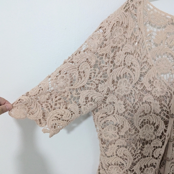 Vintage Y2K Open Crochet Short Sleeve Top Button Front Open Knit Beige Large L - Picture 4 of 7